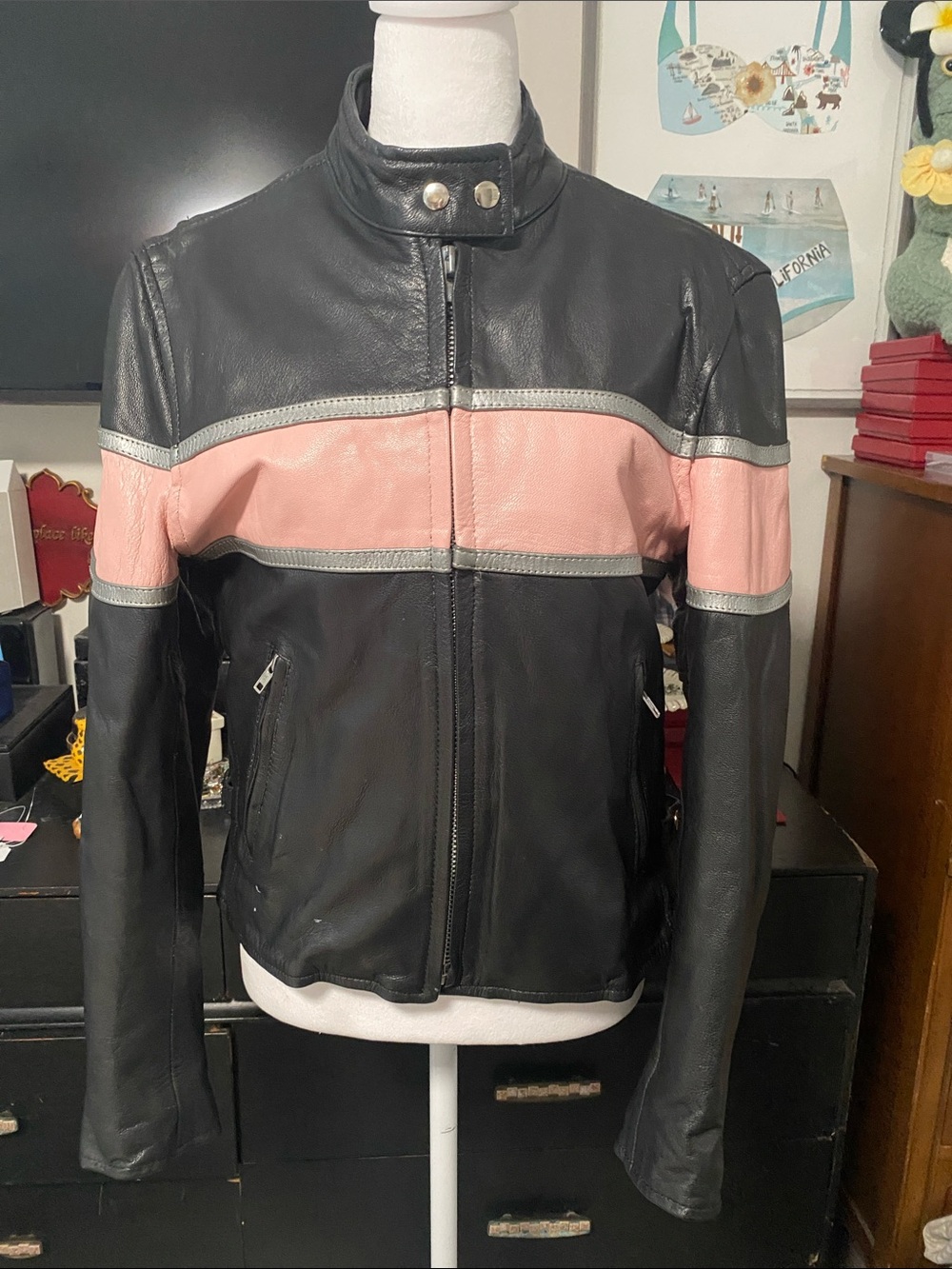 HUDSONS GENUINE Black Leather Jacket with Pink and grey Stripes! Beautiful! 🤩